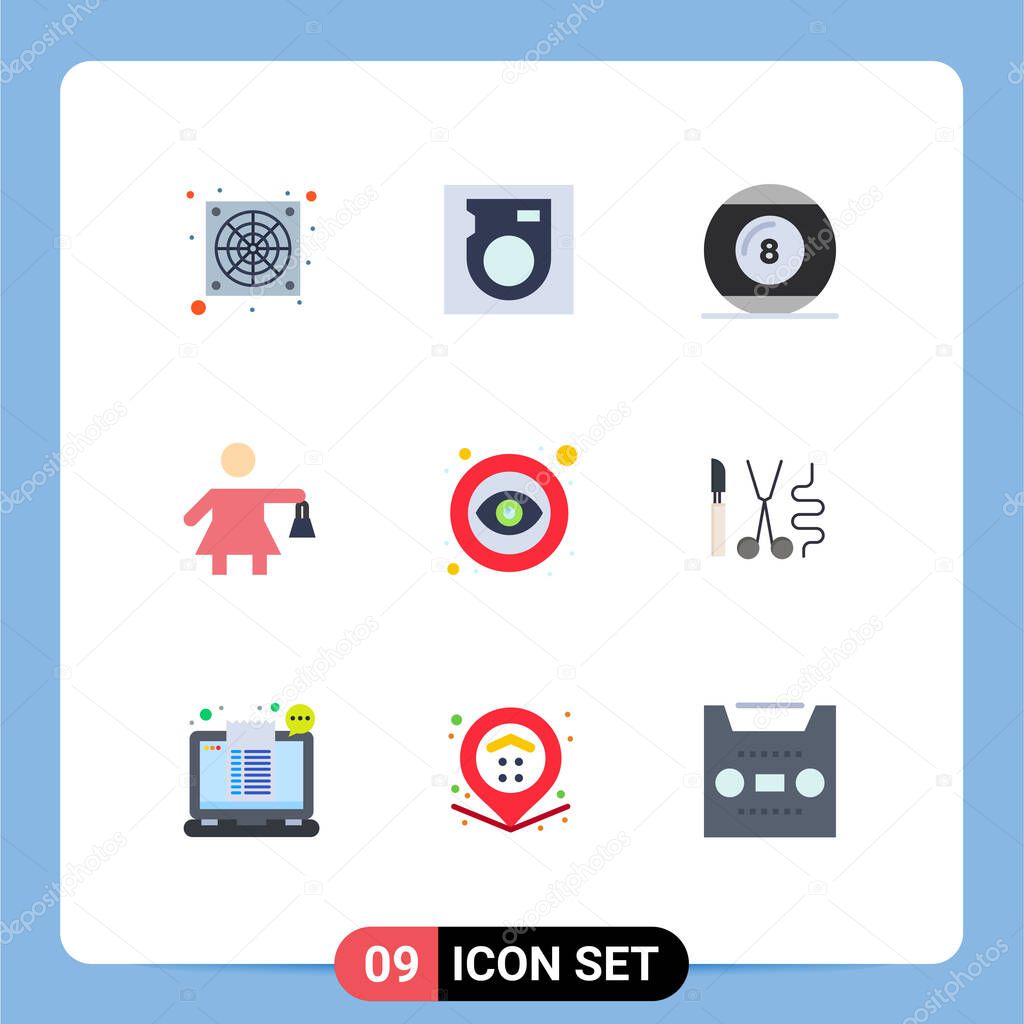 9 Thematic Vector Flat Colors and Editable Symbols of visible, open, line, eye, shopping Editable Vector Design Elements