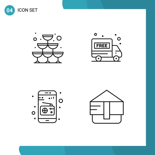 ガラス ラジオ パーティー パッケージ無料 ファッション編集可能なベクトルデザイン要素などのWeb印刷メディアのための4つの現代的なファイルラインフラット色の記号と記号のパック — ストックベクタ