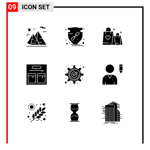 ユーザーインターフェイスパックの9の基本的な固体グリフの承認 ファッション バッグ ハート編集可能なベクトルデザイン要素 — ストックベクタ