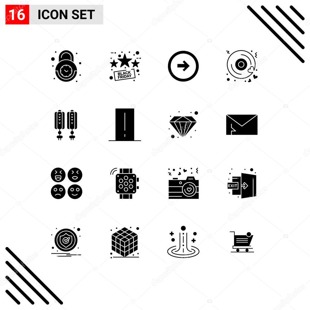 Universal Icon Symbols Group of 16 Modern Solid Glyphs of wedding, heart, sale, disk, user interface Editable Vector Design Elements