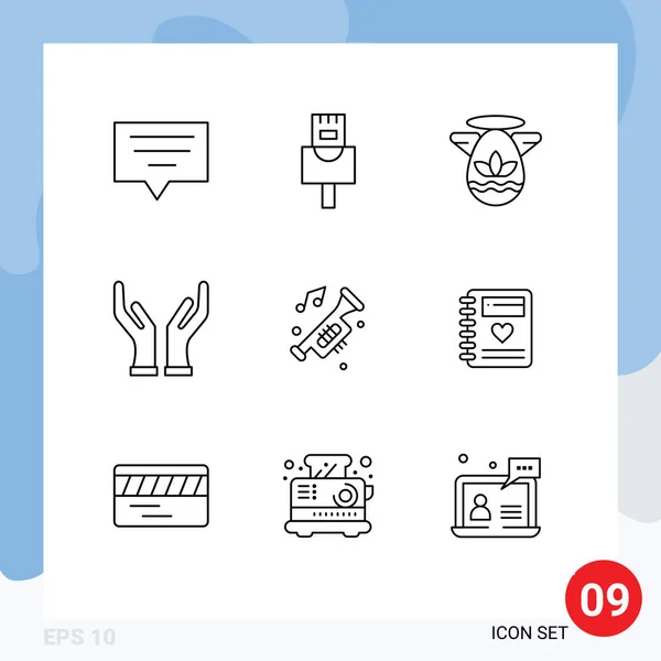 Set of 9 Modern UI Icons Symbols Signs for notebook, noise, protractor, horn, accessories Editable Vector Design Elements — Stock Illustration Set Modern Icons Symbols Signs Notebook Noise Protractor Horn Accessories Stock Vector
