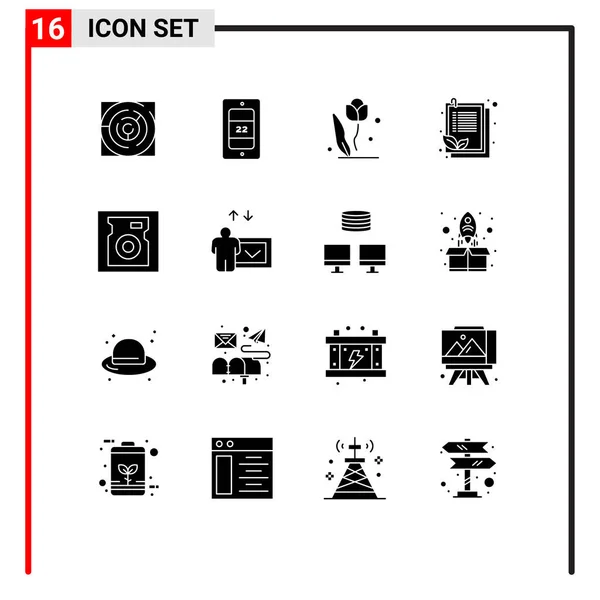 用于磁盘 植物群 剪贴板 玫瑰可编辑向量设计元素的16个向量实体Glyphs集 — 图库矢量图片