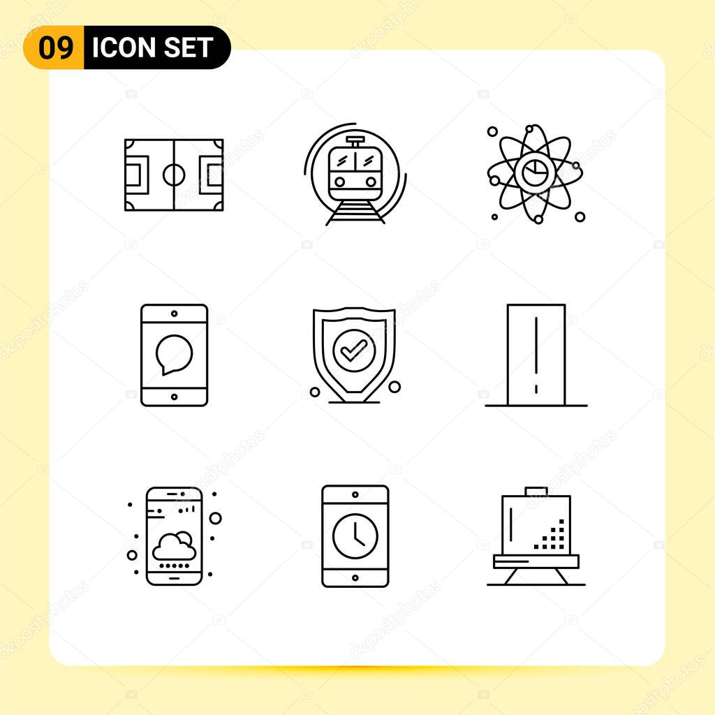Mobile Interface Outline Set of 9 Pictograms of devices, cellphone, public, network, graph Editable Vector Design Elements