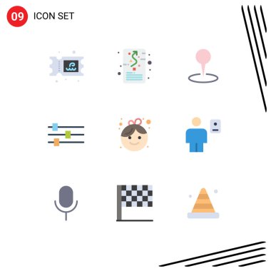 9 Tematik Vektör Düz Renkleri ve Kız, bebek, konum, araç, Düzenlenebilir Vektör Tasarım Elementleri Düzenlenebilir Sembolleri
