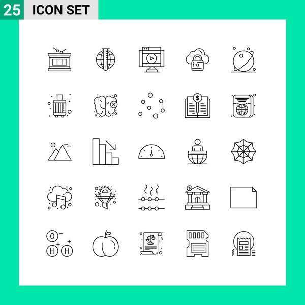 25ユニバーサルライン記号ロック ネットワーク クラウド プレーヤー編集可能なベクトルデザイン要素のシンボル — ストックベクタ