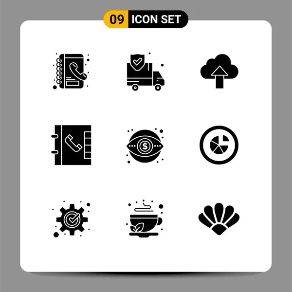 Pictogram Set Simple Solid Glyphs Vision Marketing Upload Finance Phone — стоковый вектор