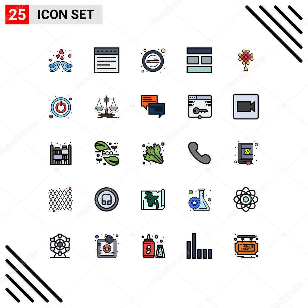 25 Thematic Vector Filled line Flat Colors and Editable Symbols of chineseknot, image, cigarette, editing, smoking Editable Vector Design Elements
