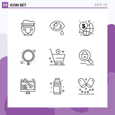 Universal Icon Symbols Group of 9 Modern Outlines of cart, add, business, pearl, jewelry Editable Vector Design Elements clipart