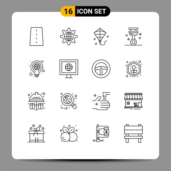 Pictogram Set Simple Outlines Bulb Piston Gear Garage Festival Editable — Stock Vector