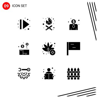Group of 9 Modern Solid Glyphs Set for weed, medical, employee salary, leaf, package Editable Vector Design Elements clipart