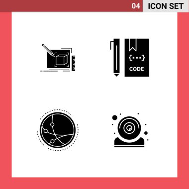 Web siteleri Mobil ve Uygulamalar için 4 Solid Glyph konsepti çizim, dosya, satır, kodlama, iletişim düzenlenebilir vektör tasarım elementleri