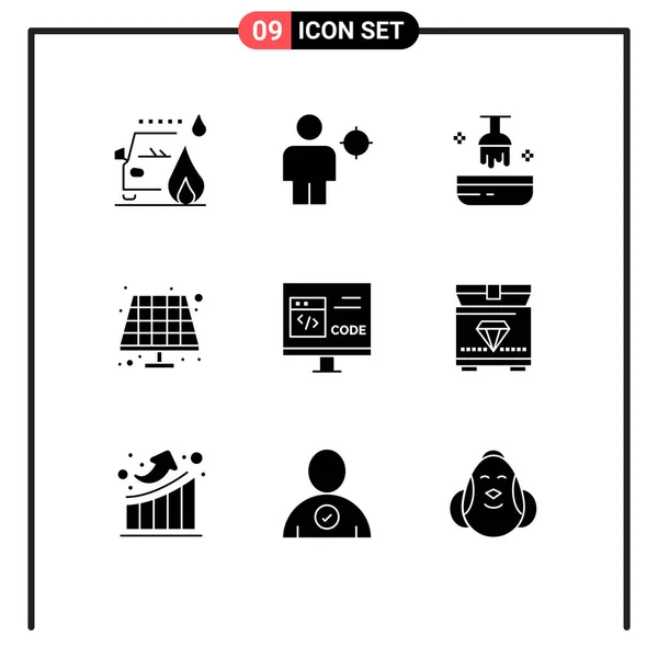 Groep Van Solid Glyphs Tekens Symbolen Voor Code Zonne Energie — Stockvector