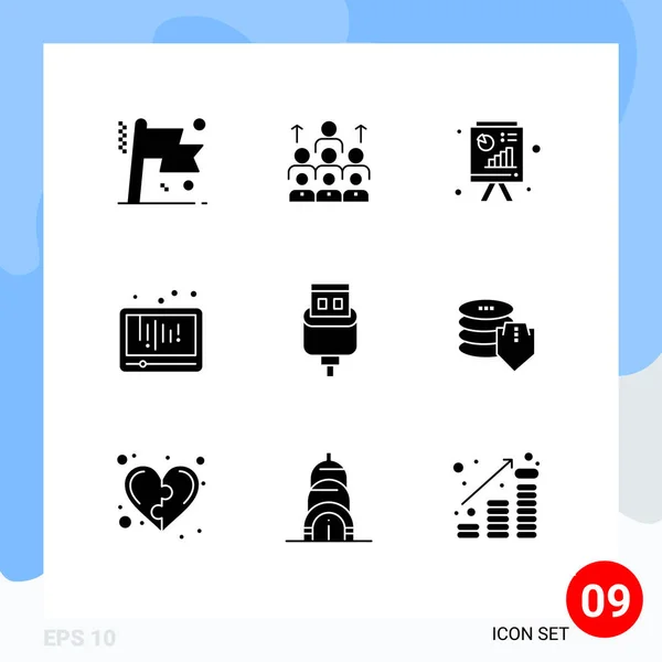 Interfejs Użytkownika Solid Glyph Pack Nowoczesnych Znaków Symboli Mediów Raport — Wektor stockowy
