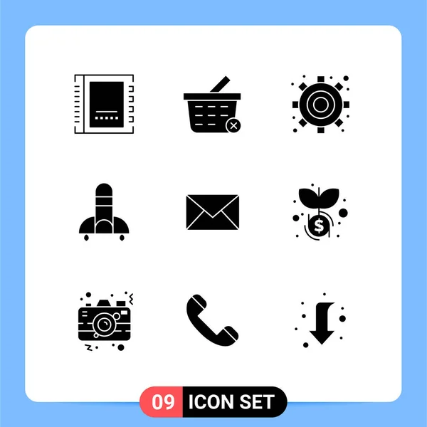 Set Commercial Solid Glyphs Pack Message Email Engine Space Science — Vector de stock