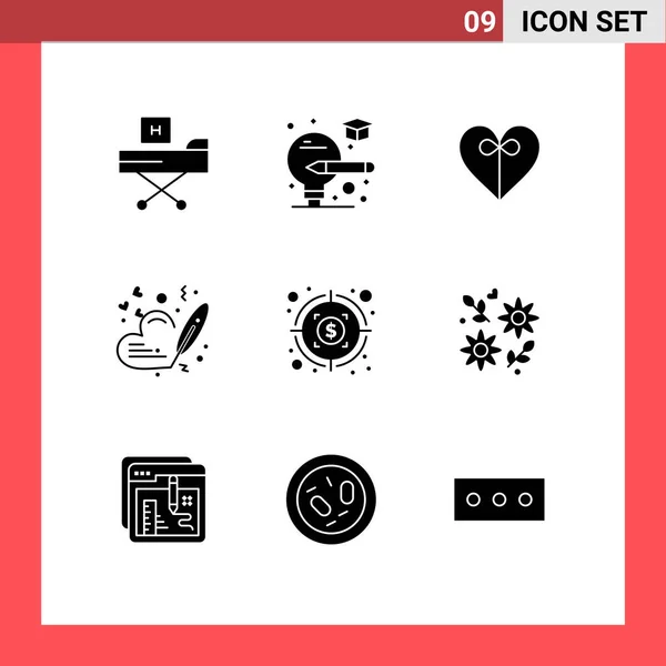 Mobile Interface Solid Gyph Set Pictograms Target Money Heart Wedding — Archivo Imágenes Vectoriales