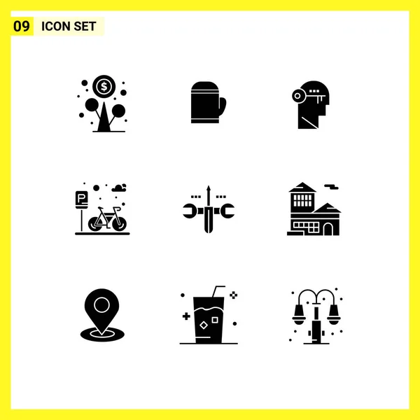 Mobile Interface Solid Glyph Set Pictograms Cloud Parking Brain Park — Stockový vektor