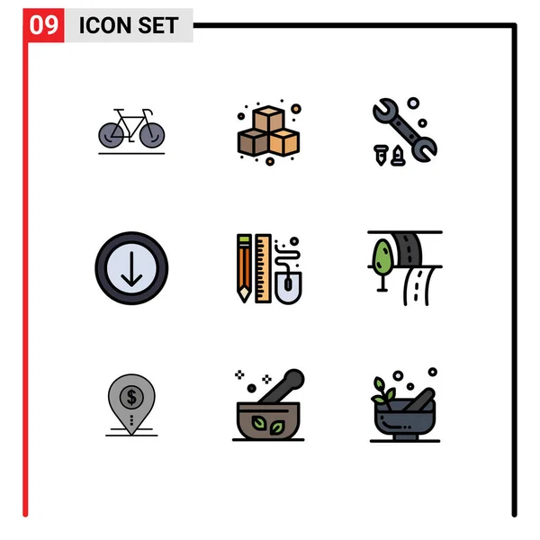 Pictogram Set Van Eenvoudige Filedline Platte Kleuren Van Potlood Muis — Stockvector