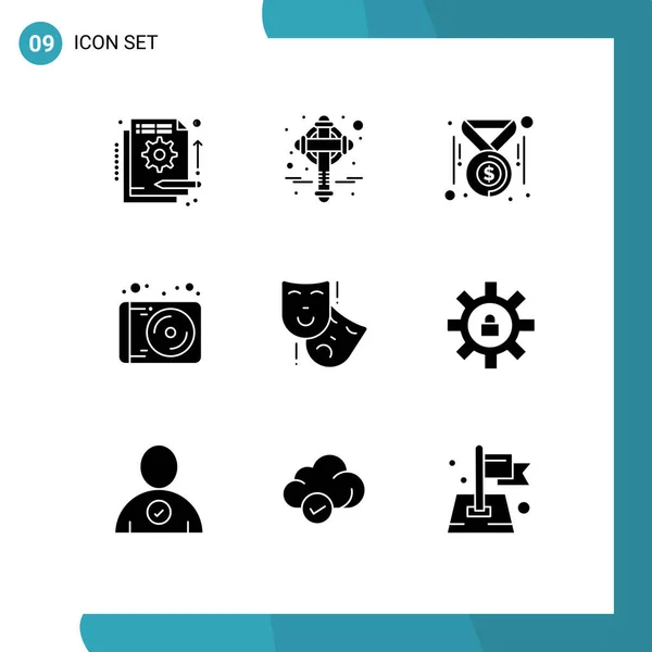 Set Vector Solid Glyphs Grid Acting Music Patrick Media Money — Archivo Imágenes Vectoriales