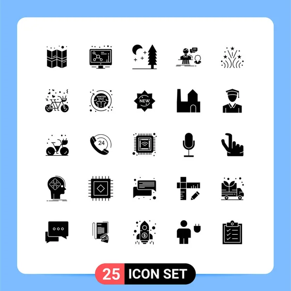 Mobile Interface Solid Gyph Set Pictograms Love Fire Night Support — Vector de stock