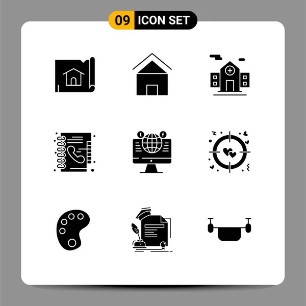 Conjunto Icones Modernos Símbolos Sinais Para Globo Livro Telefone Cabana — Vetor de Stock