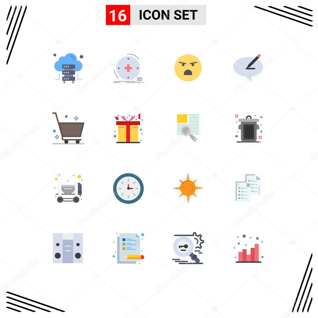 Mobile Interface Flat Color Set of 16 Pictograms of cart, pen, emoji, note, chat Editable Pack of Creative Vector Design Elements