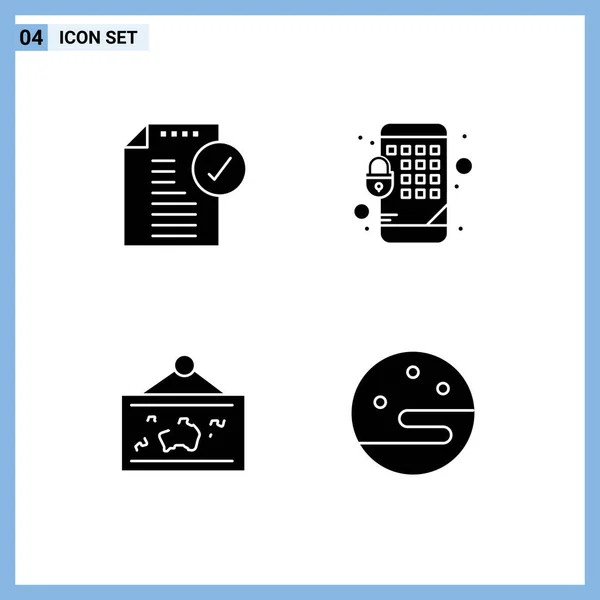 Mobile Interface Solid Glyph Set Pictograms Approved Map Notice Lock — 스톡 벡터