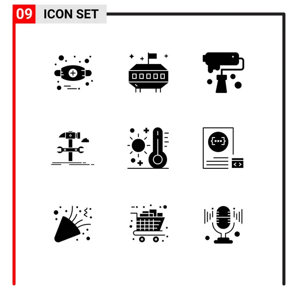 Conjunto Vetor Glifos Sólidos Grade Para Celsius Reparação Escova Martelo —  Vetores de Stock