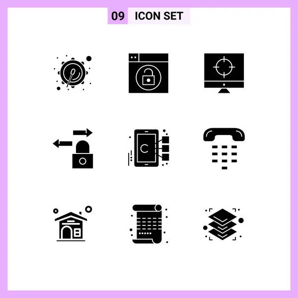 Set Modern Ikonok Szimbólumok Jelek Cél Fókusz Seo Sejt Zár — Stock Vector