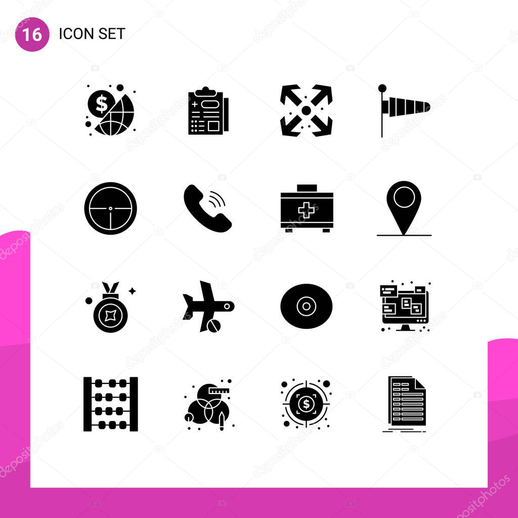 Universal Icon Symbols Group of 16 Modern Solid Glyphs of soldier, badge, enlarge, army, weather Editable Vector Design Elements