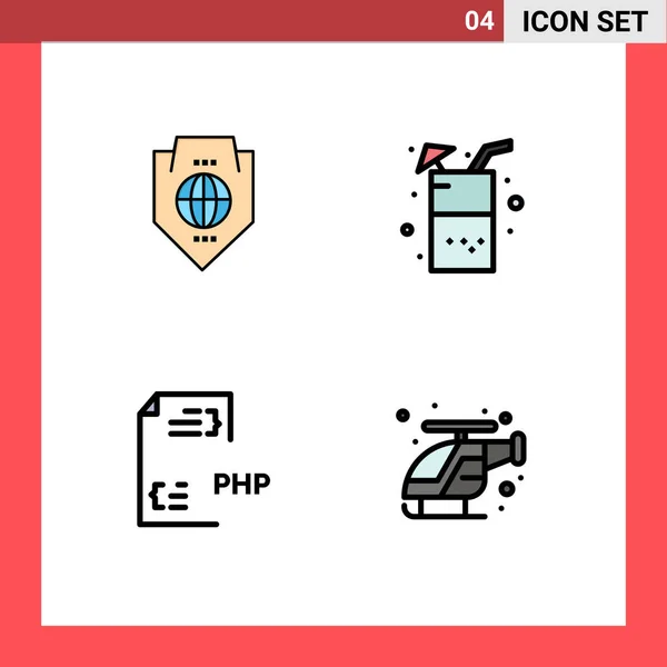4つの創造的なFilledlineのパックフラットアクセス コーディング グローバル ドリンク 開発の色編集可能なベクトルデザイン要素 — ストックベクタ