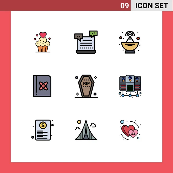 モバイルインターフェイスファイルラインフラットカラー9のセット棺の写真 物理学 ショッピング 衛星編集ベクトルデザイン要素 — ストックベクタ