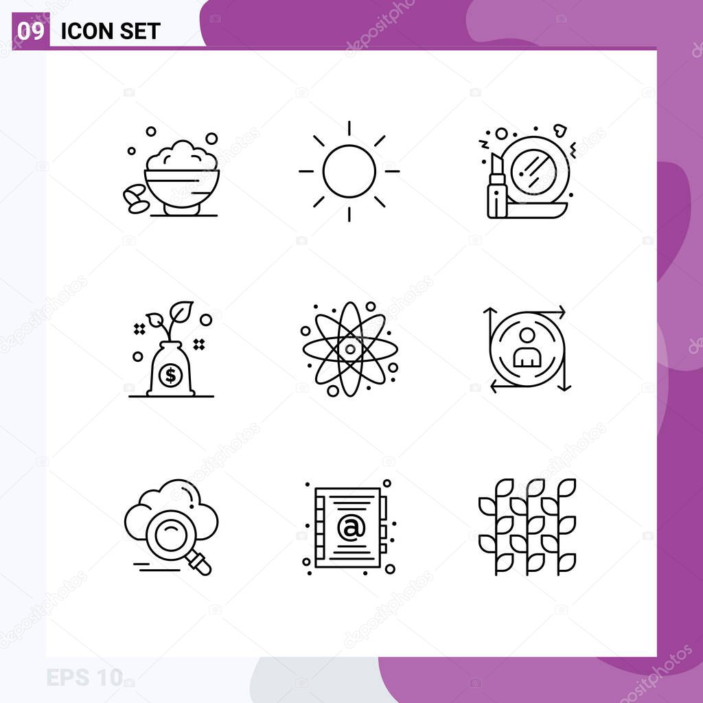 Pack of 9 Modern Outlines Signs and Symbols for Web Print Media such as laboratory, back to school, make, atom, growth Editable Vector Design Elements