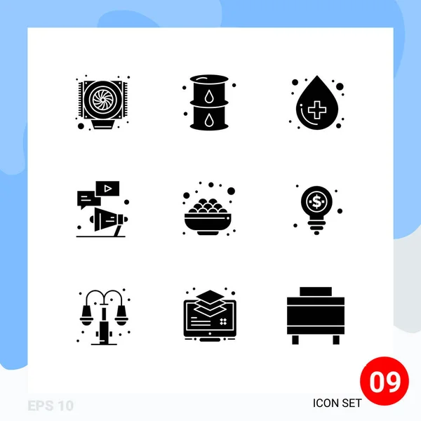 Pictogram Set Simple Solid Glyphs Bowl Chat Krev Youtube Megaphone — Stockový vektor