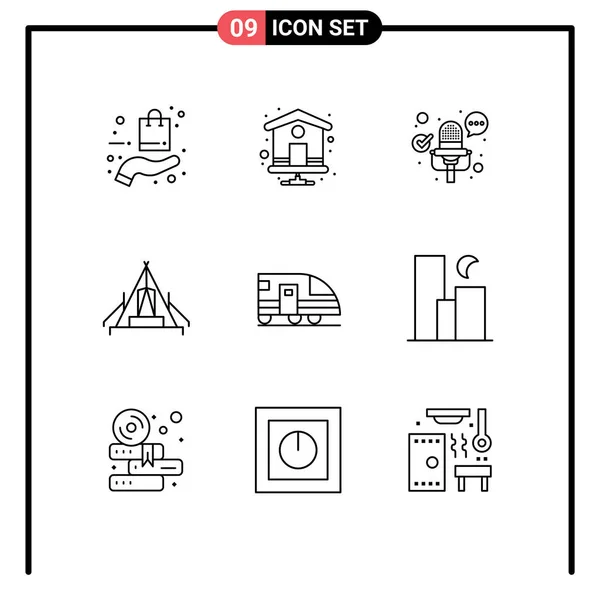 Mobile Interface Outline Set Pictograms Subway Outdoor Microphone Campsite Camping — Archivo Imágenes Vectoriales