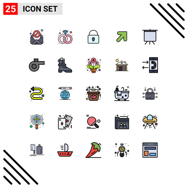Modern Set of 25 Filled line Flat Colors and symbols such as whistle, presentation, locked, deck, right Editable Vector Design Elements