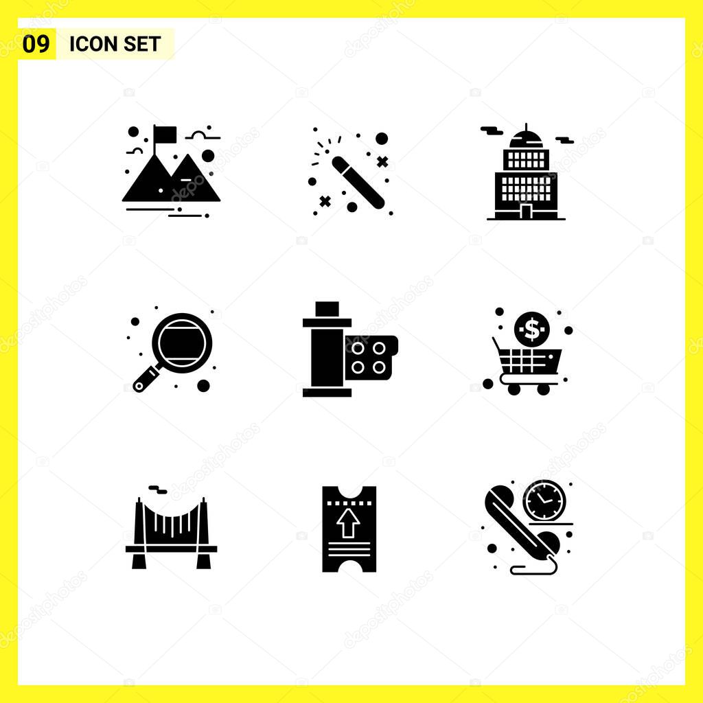 Pack of 9 creative Solid Glyphs of movie, cinema, government, study, research Editable Vector Design Elements