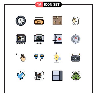 Düzenlenebilir 16 Basit Düz Renk Satır Paketi Çevrimiçi, avlanma, teslimat, kanca, balık tutulabilir Yaratıcı Vektör Tasarım Elemanlarının Satırları