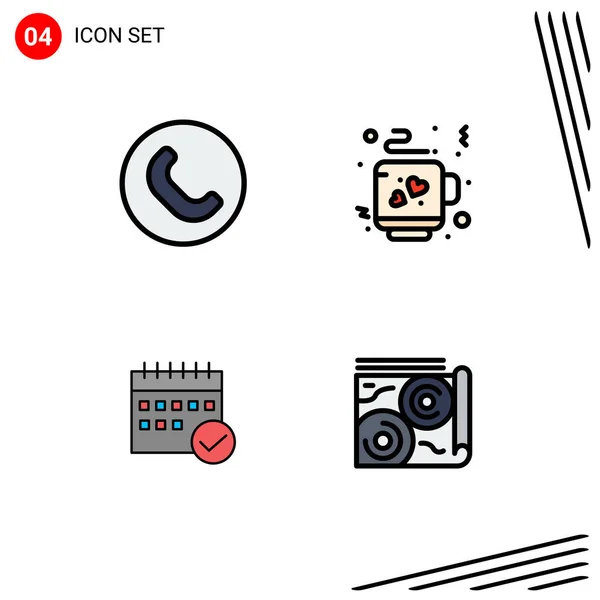 Vector Filledline Flat Colors Editable Symbols Call Calendar Coffee Schedule — 스톡 벡터