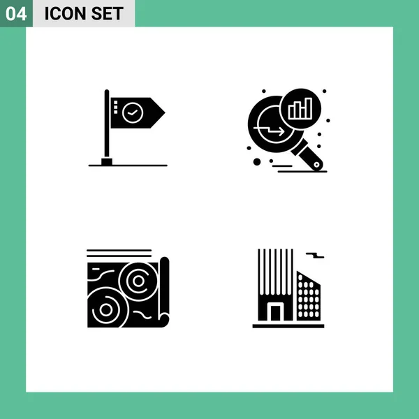 Mobile Interface Solid Gyph Set Pictograms Success Graph Magnifying Flag — Vector de stock