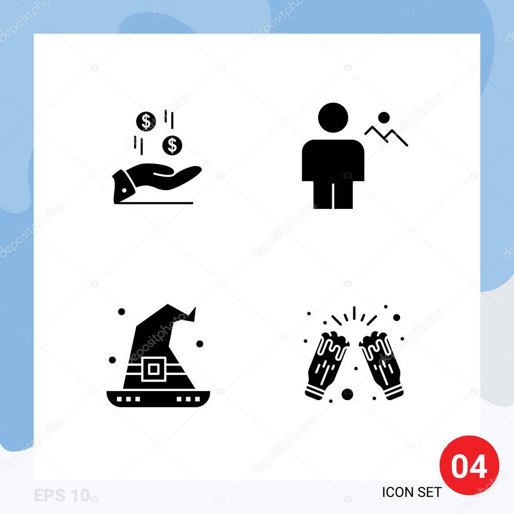 4 User Interface Solid Glyph Pack of modern Signs and Symbols of hand, land, currency, body, halloween Editable Vector Design Elements