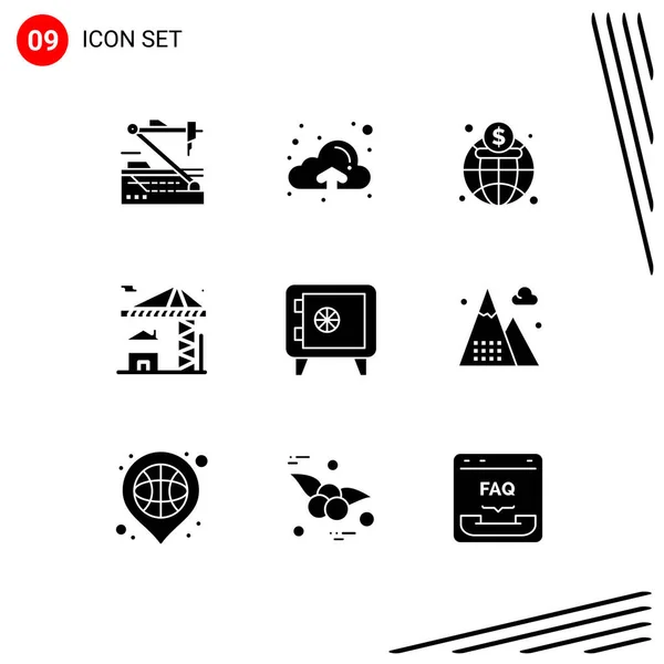 Set Commercial Solid Glyphs Pack Locker Building Economy Estate Crane — Vector de stock