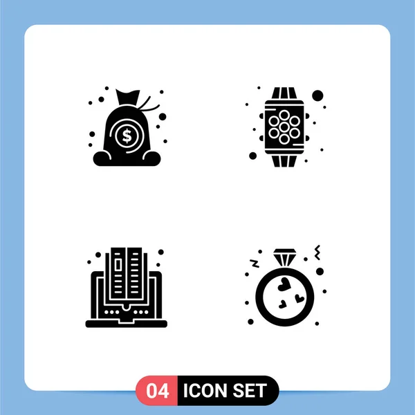 Universal Solid Glyph Signs Symbols Bag Computer Finance Watch Reading — Stock Vector