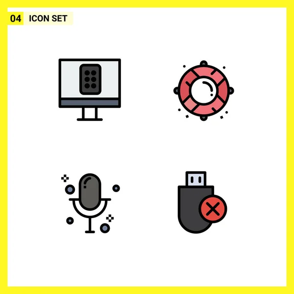 Group Modern Filledline Flat Colors Set Control Microphone Buoy Rescue — Stock Vector