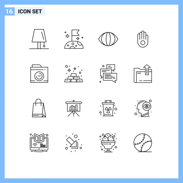 カメラ 手などのWeb印刷メディアのための16の現代的なアウトライン記号と記号のパック編集可能なベクトルデザイン要素 — ストックベクタ