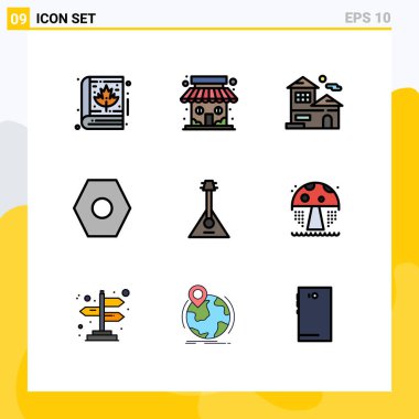 Enstrüman, ses, ev, kullanıcı arayüzü, temel Düzenlenebilir Vektör Tasarım Elemanlarının 9 Filledline Düz Renk Grafikleri Modern Kümesi