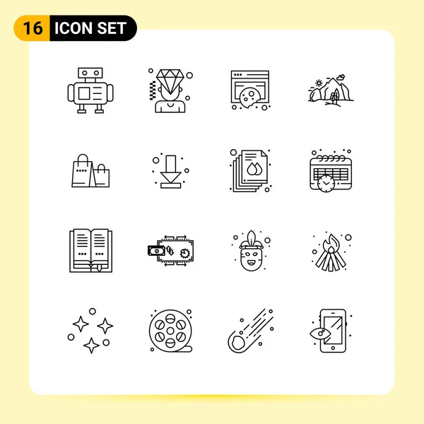Set Modern Icons Sysymbols Signs Bag Mountain Cookies Nature Hill — Vector de stock