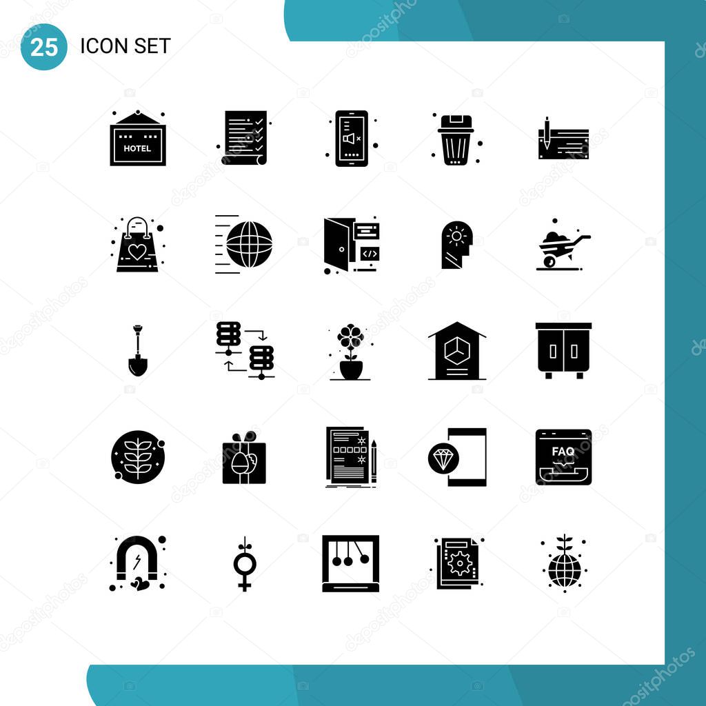 Mobile Interface Solid Glyph Set of 25 Pictograms of bank, check, phone, trash, delete Editable Vector Design Elements