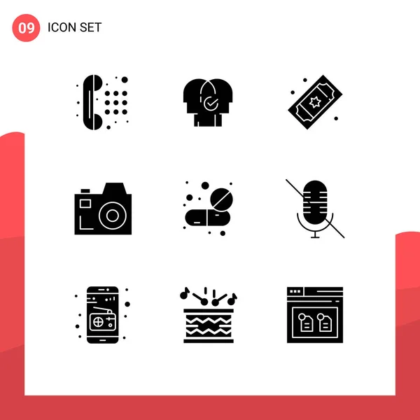Pictogram Set Simple Solid Glyphs Capsule Communication Selection Camera Theater — Stock Vector
