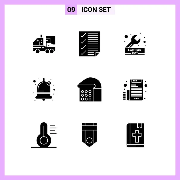 Universal Solid Glyph Signs Symbols Sound Alarm Page Wrench Engineer — Stock Vector
