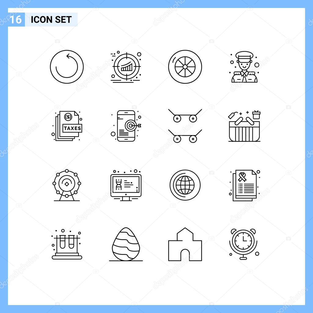 Set of 16 Modern UI Icons Symbols Signs for page, document, tire, action, captain Editable Vector Design Elements